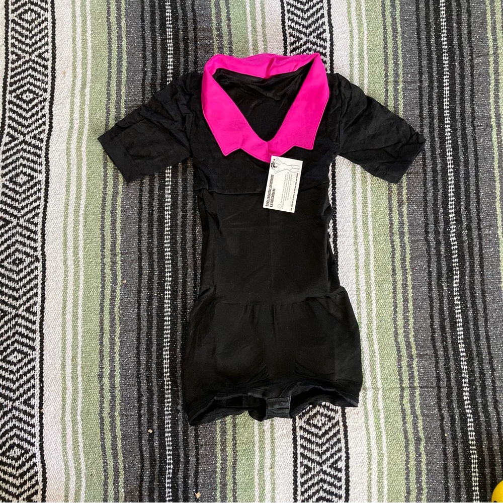 Women’s Black Shapewear Romper with Bright Pink Collar